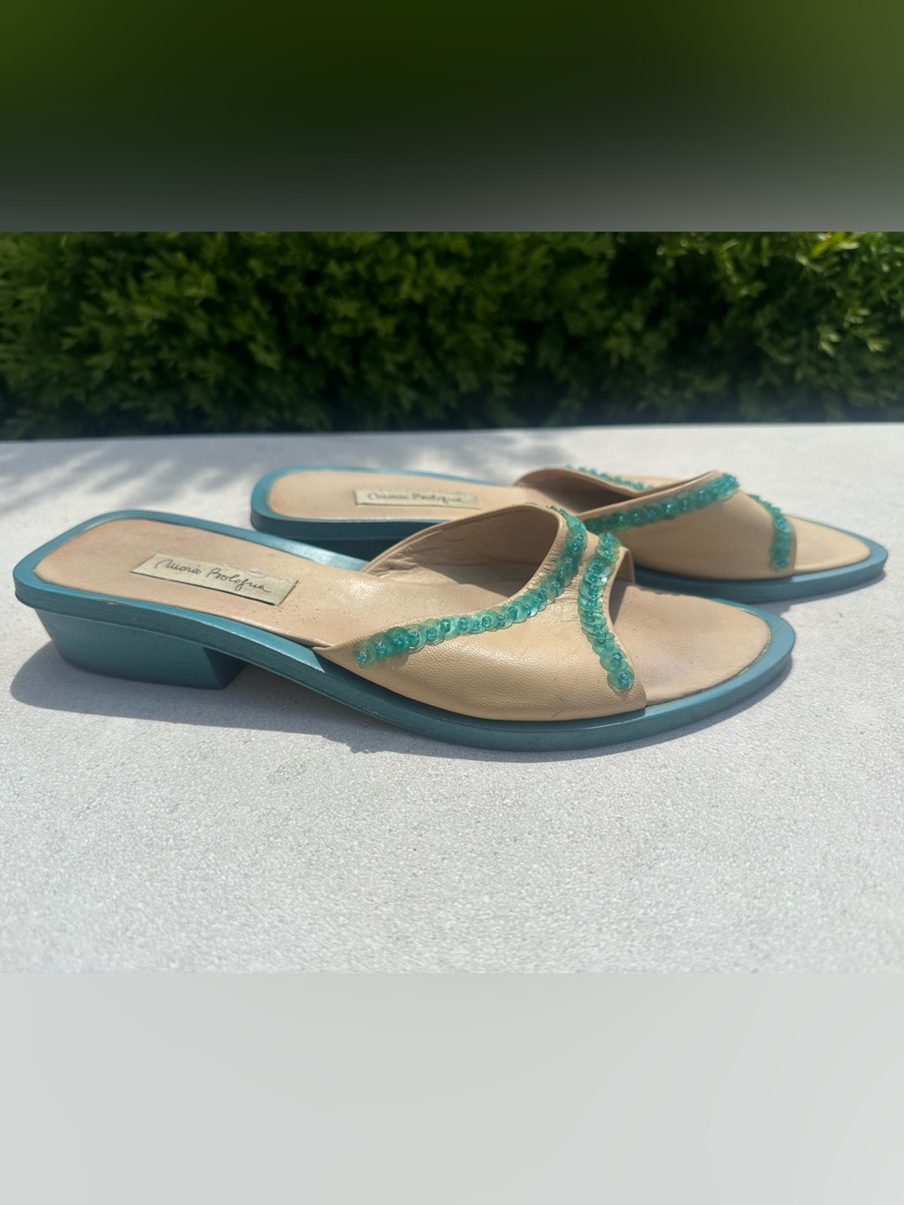 Manolo Blahnik Inspired Mario Bologna Y2K Turquoise Beige Beaded Thong Sandals - Picture 2 of 9